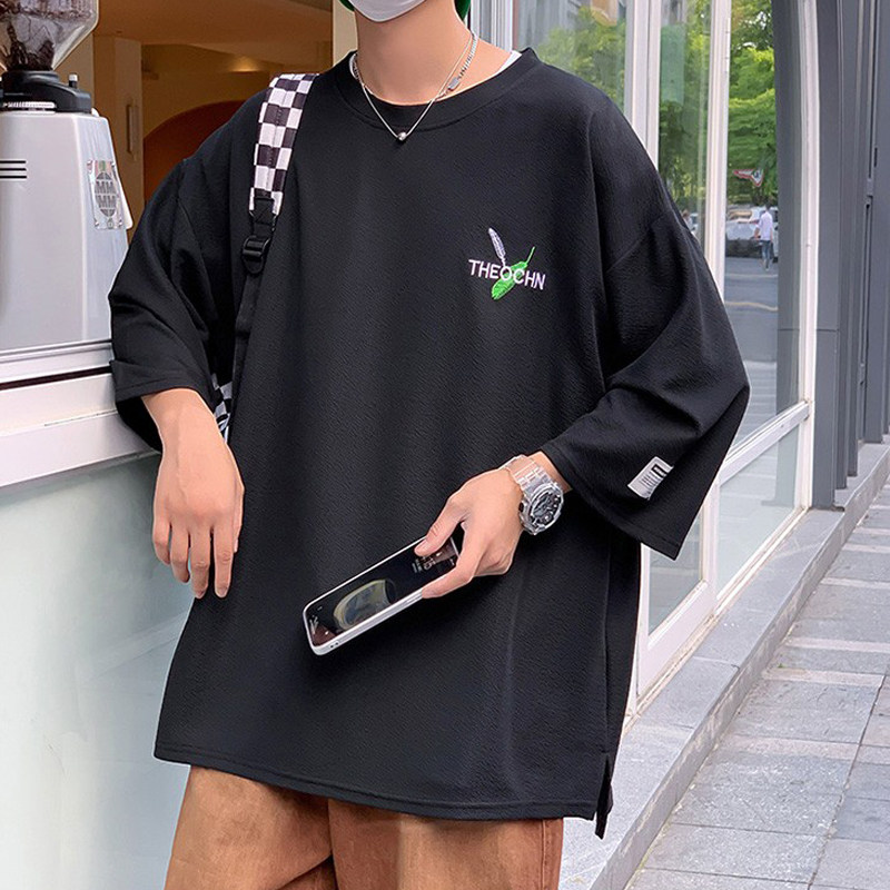 夏装港风2023羽毛字母刺绣七分袖T恤男加肥加大码7分袖短袖衣服,男装T恤,星座909
