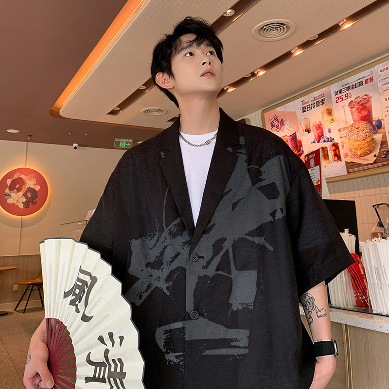 同款抖音卖299.夏装短袖男潮西服外套加肥加大码男装时尚印花单西,男装西服套装,星座909