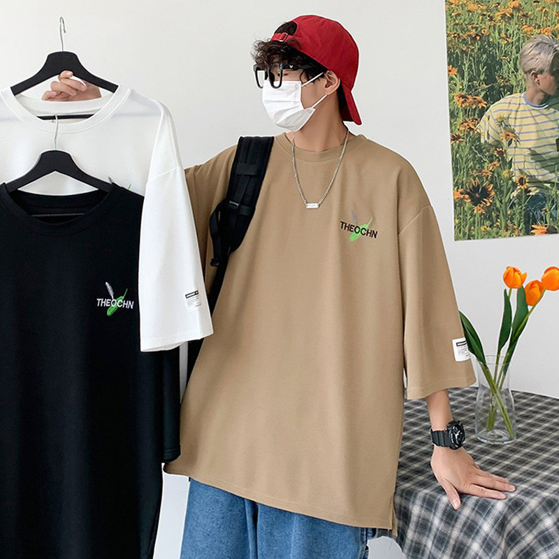 夏装港风2023羽毛字母刺绣七分袖T恤男加肥加大码7分袖短袖衣服，男装T恤，星座909