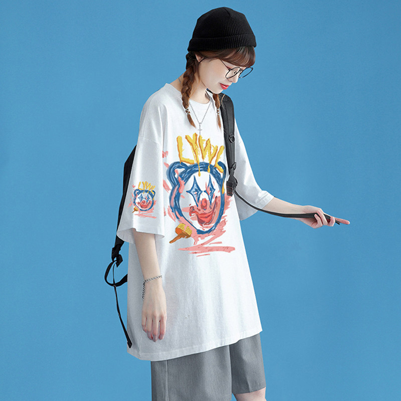 中性風(fēng)女裝小丑鬼臉印花bf風(fēng)男友風(fēng)加肥大碼落肩袖胖mm200斤半袖，女裝T恤，星座909