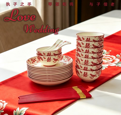 4.5英寸新婚喜庆陶瓷碗勺饭碗女方嫁妆喜筷结婚碗筷红色碗整套装