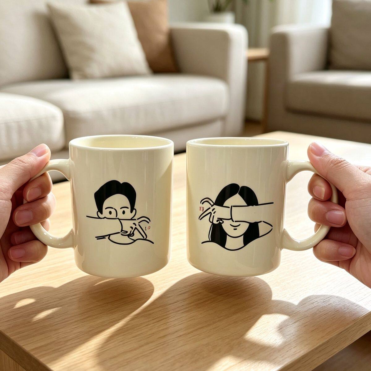 奶呼呼可爱卡通情侣对杯陶瓷咖啡杯简约家用杯子洗漱杯一对套装