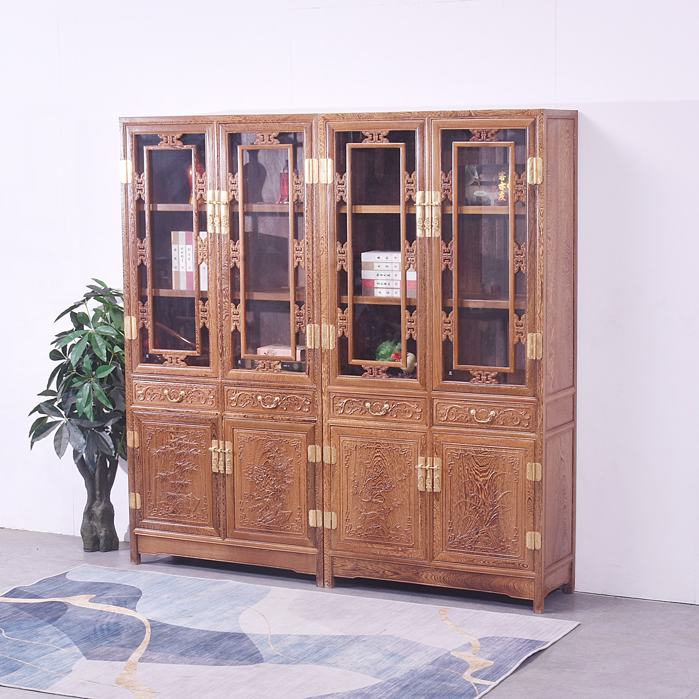 鸡翅木书柜红木玻璃柜实木中式书架陈列柜客厅展示柜书橱原木复古