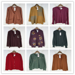 复古着vintage日韩精品民族风森女系纯色格子绣花开衫 纯毛衣M1101