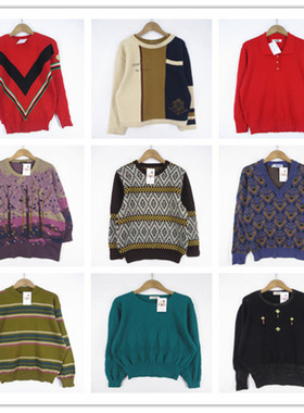 复古着vintage外贸尖货学院风甜美系几何卡通印花套头纯毛衣D4562