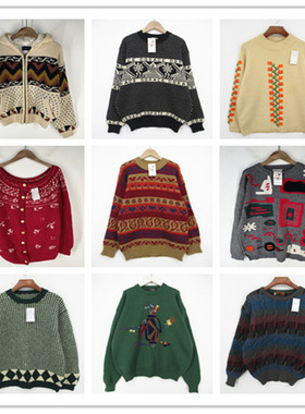 复古着vintage外贸精选学院风甜美系波普浮纹卡通印花纯毛衣K2162