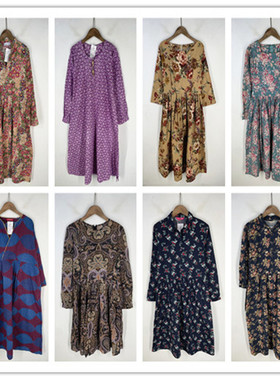 复古着vintage外贸尖货民族风森女系宫廷印碎花卉棉布连衣裙L2963