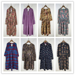 复古着vintage外贸尖货民族风森女系宫廷印碎花卉棉布连衣裙L2963