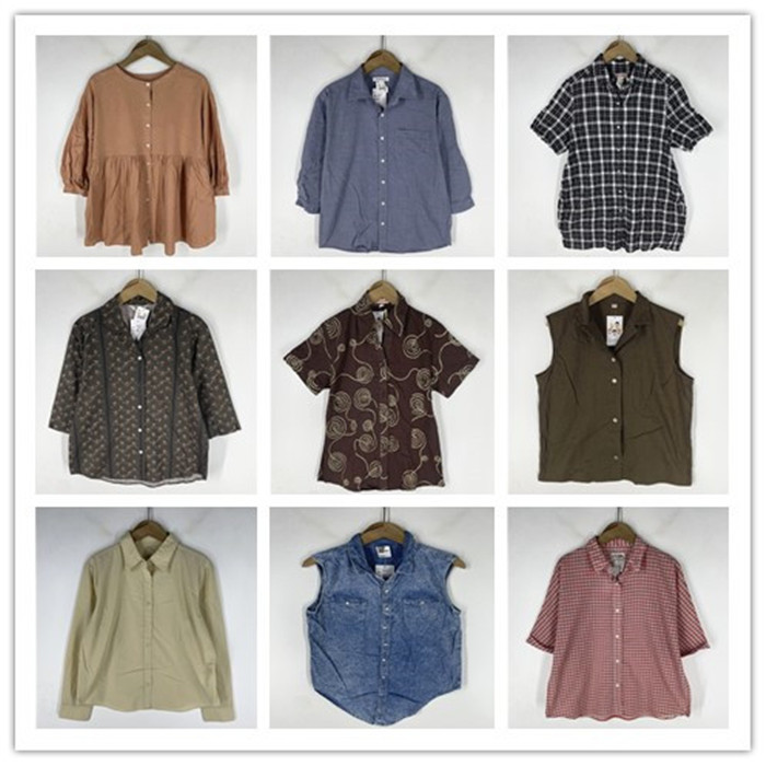 复古着vintage日韩原单学院风甜美系纯色格子印花棉麻布衬衫V0661