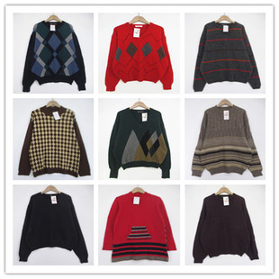 复古着vintage日韩尖货英伦风森女系条纹菱格纯色套头纯毛衣D2262
