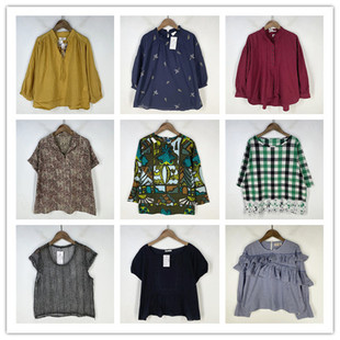 复古着vintage外贸尖货民族风森女系格子印绣花卉棉麻布衬衫 Z0966