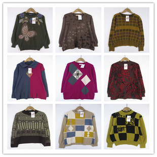 复古着vintage日韩精品学院风甜美系格子卡通印花套头纯毛衣D3861