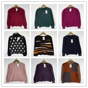 复古着vintage外贸精品学院风森女系菱格刺绣LOGO套头纯毛衣M0862