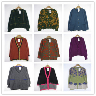 复古着vintage日韩精品民族风森女系拼接几何印花开衫 纯毛衣D0561