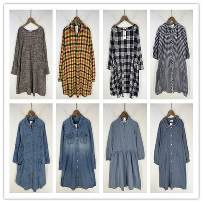 复古着vintage日韩原单学院风森女系纯色格子牛仔棉布连衣裙L1563