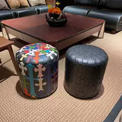 Limited Edition Handmade Cross-Stitch Leather with Litchi Pattern, Cross-Shaped Patchwork, Round Sofa Coffee Table Stool, Shoe Fitting Stool