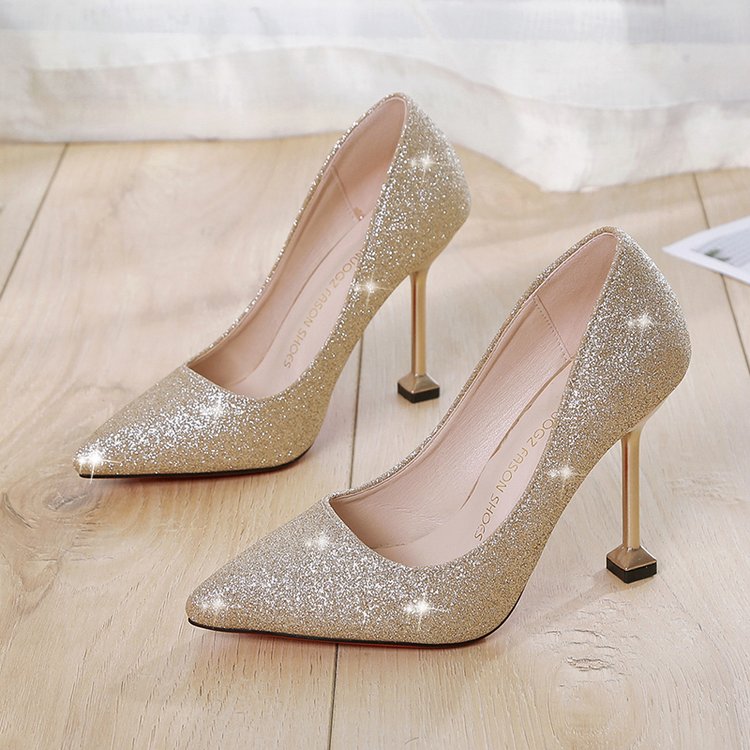 水晶高跟鞋伴娘晚宴单鞋金色礼服