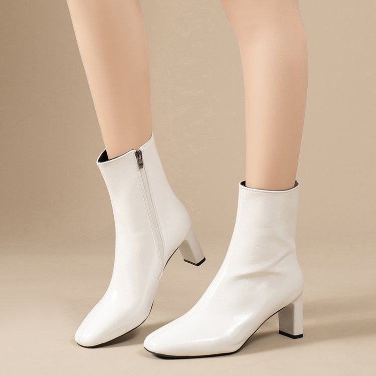 中跟5厘米短靴女白色粗跟马丁靴女软皮时尚春秋单高跟方头瘦瘦靴
