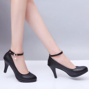 防水台圆头哑光皮质单鞋 7cm黑色大码 女粗跟百搭5 工作职业高跟鞋