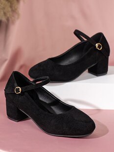 高跟鞋女低跟3cm方头百搭绒面粗跟工作职业大码百搭舒适一字扣单