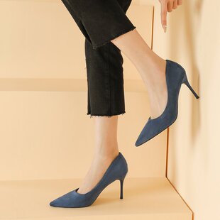 高跟鞋女8cm大码细跟尖头蓝色礼服气质百搭宴会单鞋黑色工作职业9