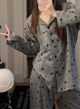 大码胖MM灰色星星满印双面德绒睡衣女秋冬季保暖可外穿家居服套装