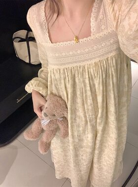 甜美公主风方领蕾丝睡裙女春秋季宽松碎花长款可外穿家居服睡衣裙