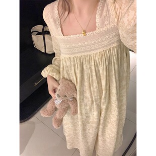 甜美公主风方领蕾丝睡裙女春秋季宽松碎花长款可外穿家居服睡衣裙