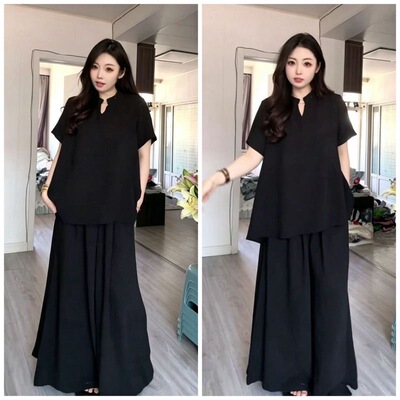 特大码胖MM可穿女装夏时尚气质休闲老钱风短袖阔腿裤显瘦两件套