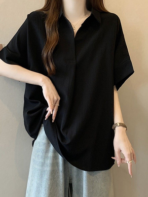 特大码300斤雪纺短袖衬衫女2025新款夏季显瘦宽松中长款正肩上衣