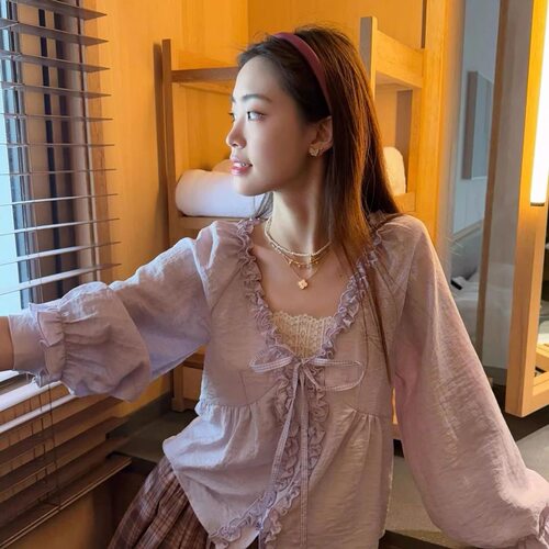 特大码胖MM蝴蝶结木耳边v领紫色衬衫气质女士上衣设计感小众穿搭
