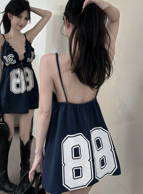 大码300斤美式性感褶皱数字印花吊带连衣裙女显瘦休闲宽松外穿