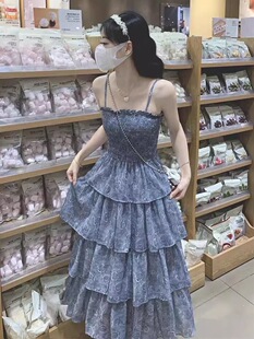 大码胖MM茶歇法式碎花吊带连衣裙女夏季新款甜美蛋糕裙气质绝美裙