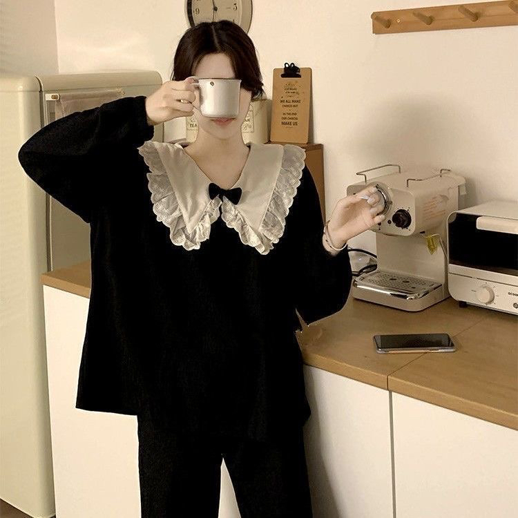 超大码300斤睡衣胖mm女长袖ins简约蕾丝花边秋冬外穿款家居服套装