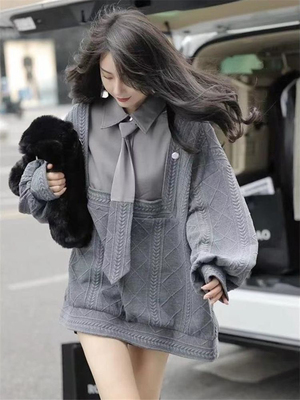 特大码胖mm300斤假两件卫衣女秋冬季百搭宽松polo领拼接提花衬衫2