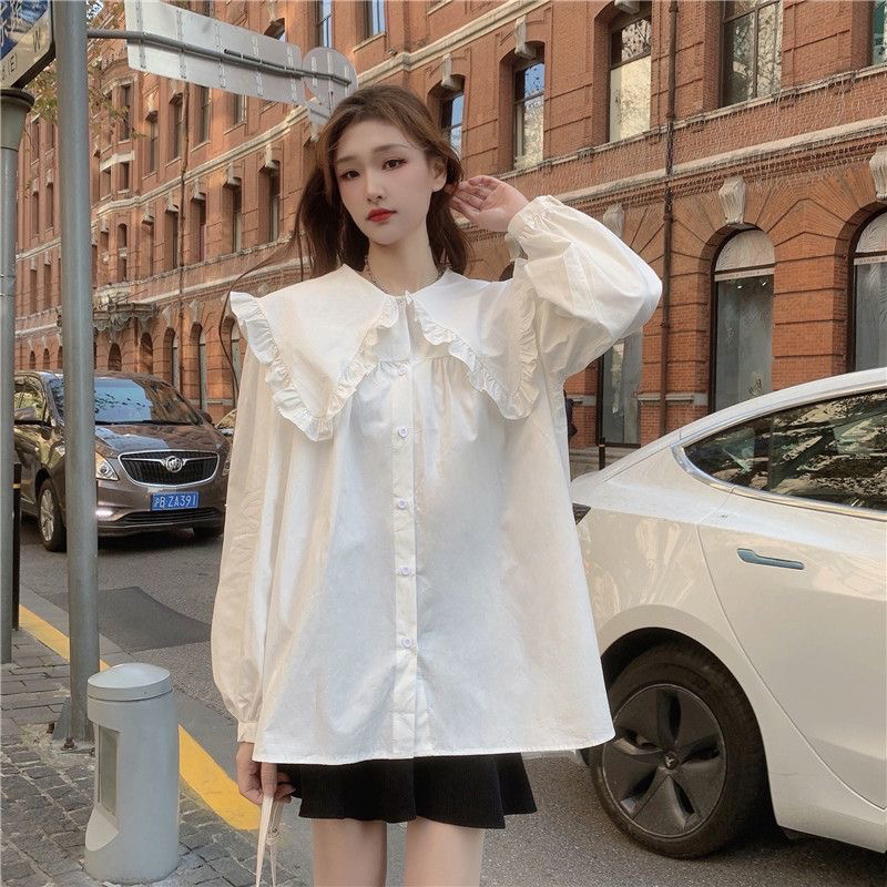 大码女装木耳边娃娃领衬衫女春季新款设计感小众衬衣宽松长袖上衣