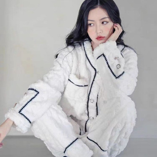 小香风加厚加绒开衫 珊瑚绒睡衣女秋冬新款 法兰绒网红家居服可外穿