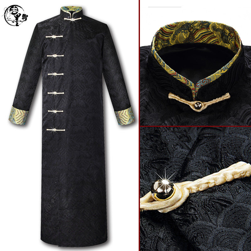 新中式长袍伴郎服男士海水纹织锦缎宴会长衫礼服主持人礼服表演装