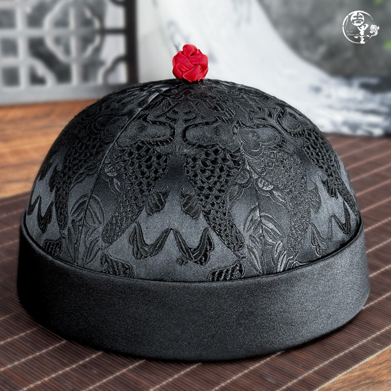 古墨原创设计中国风地主帽子男式黑色双鱼清朝瓜皮帽表演影楼影视