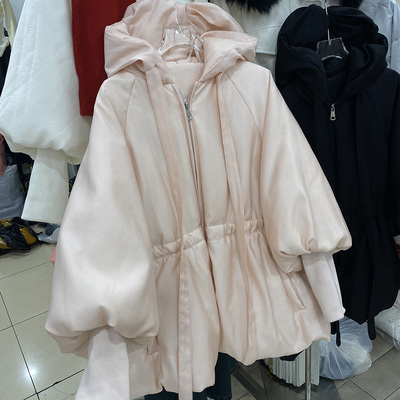 韩系蝴蝶结连帽中长款羽绒服女