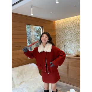 2025外套半身裙两件套 新款 韩系红色羊羔毛领小香风羽绒服套装 冬季