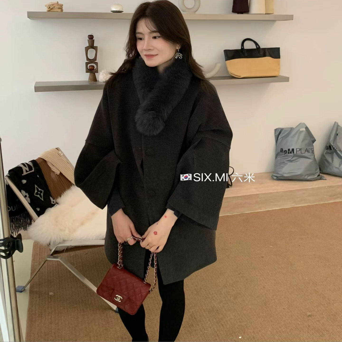 韩版气质狐狸毛领围脖内胆羽绒毛呢外套女2025冬季新款白鸭绒大衣