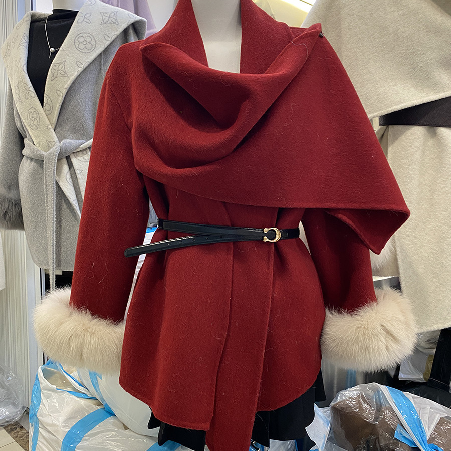 欧洲站设计感围巾领羊毛大衣