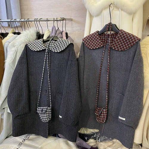 2025秋冬季新款韩版时尚配包娃娃领双面羊绒大衣女中长款毛呢外套