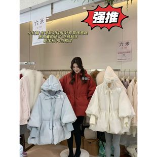 小红帽韩版 加厚保暖白鸭绒外套 宽松显瘦连帽羽绒服女圣诞中长款