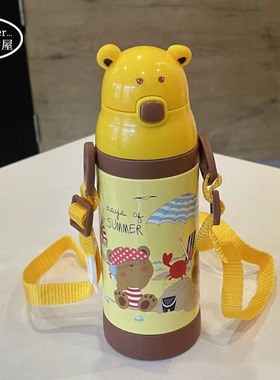 萌楚楚 MON-83545 快乐小熊双耳防喷学饮杯不锈钢保温吸管水杯