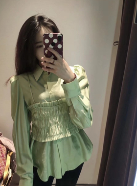 2022春季新品果绿色设计感假两件衬衫别致上衣女潮WL07S2BF2001