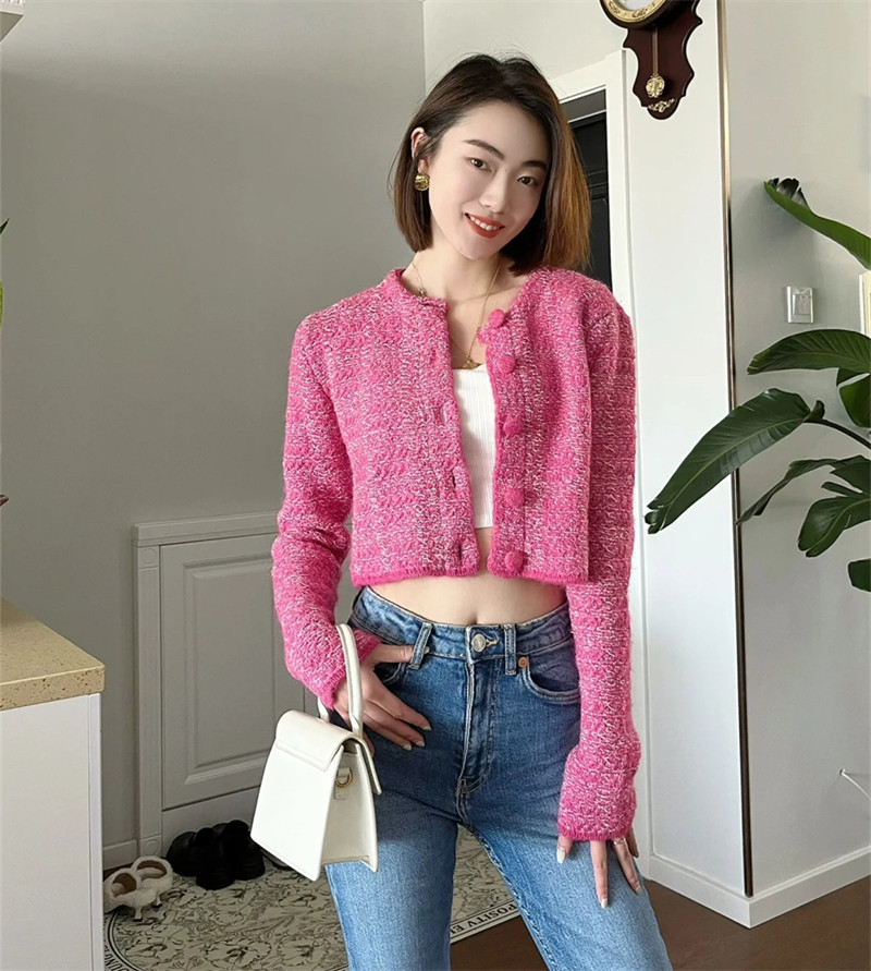 ZA女装秋冬4331169 小香风粉色格子短款针织开衫外套4331168 620
