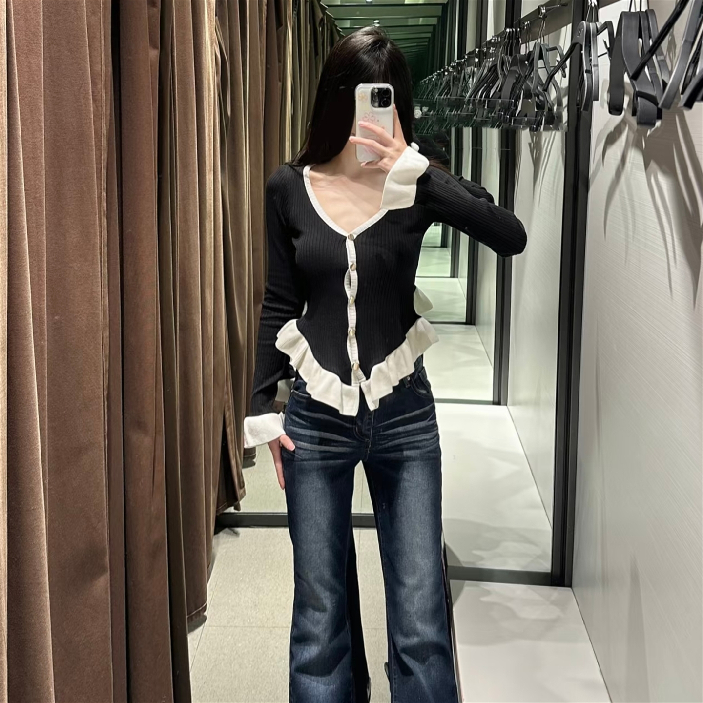 撞色叠层装饰V领长袖针织衫外套