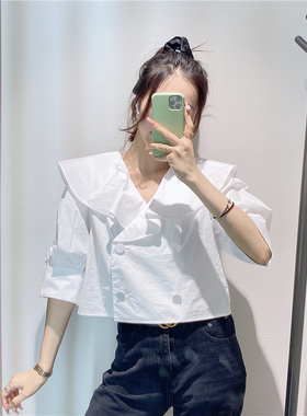 新疆棉2021夏季新品女装大翻领叠襟双排扣短款衬衫WG12S2BN2010